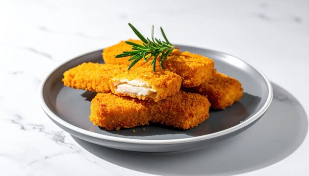 Crispy breaded fish sticks served on grey plate.