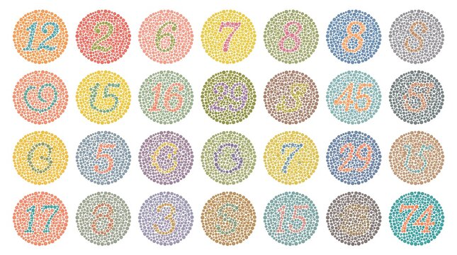 Vector graphic of color blind test number. Ishihara Test daltonism color blindness disease perception test number blindness test set.