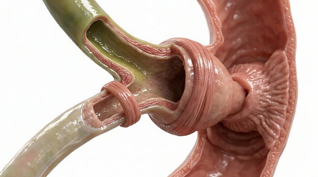 Anatomical cross section view of human stomach pyloric sphincter with detailed medical visualization