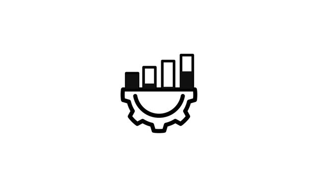 Bar chart icon above a gear, showing performance optimization, process analysis, machine productivity metrics, and business system efficiency.