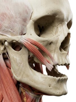 Human skull musculature anatomy showing zygomaticus major muscle detail