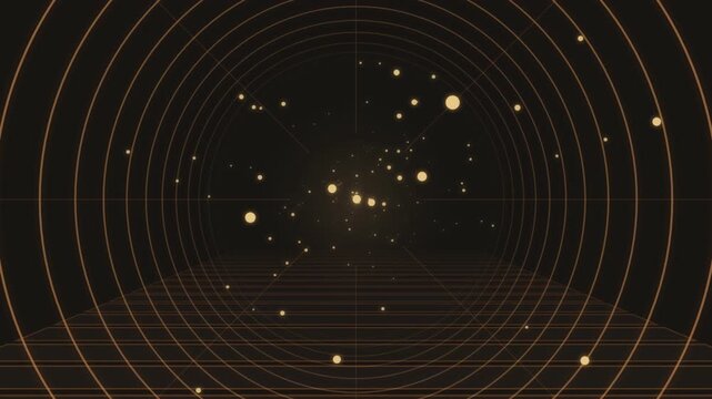 Glowing golden particles drifting inside a tunnel structure with concentric rings motion background animation digital footage