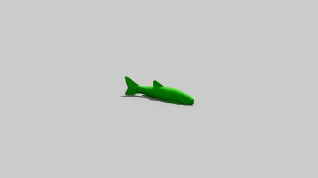 3D low poly animation of a simple green fish swimming across a light background. Represents aquatic life, ocean creatures, minimalist design, and digital art concepts.