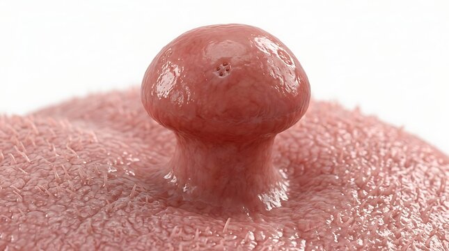 Macro view of fungiform papilla on human tongue surface showing detailed texture