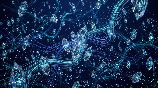 Futuristic Digital Network with Luminous Diamonds and Flowing Energy Streams