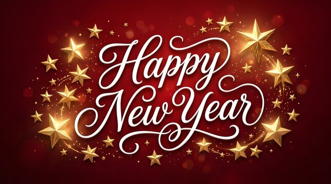 Elegant happy new year greeting card design with white cursive lettering and glowing golden stars on red background