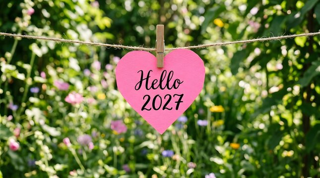 A pink heart shaped note with the text hello 2021 hanging on a clothesline in a sunny garden