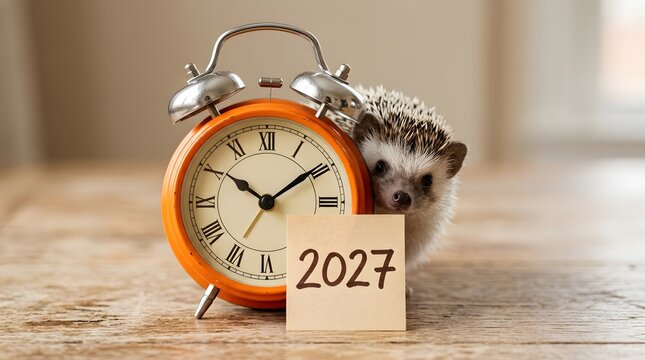 A cute small hedgehog sitting next to an orange alarm clock with a wooden block showing 2027
