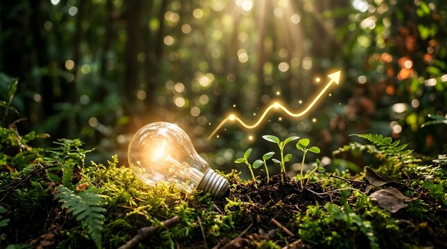 Glowing light bulb with a rising growth arrow in a lush green forest representing sustainable business development