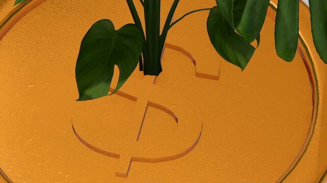 Close-up 3D render of a green plant sprouting directly from an engraved dollar sign on a gold coin. Represents investment returns, wealth creation, and eco-friendly business.