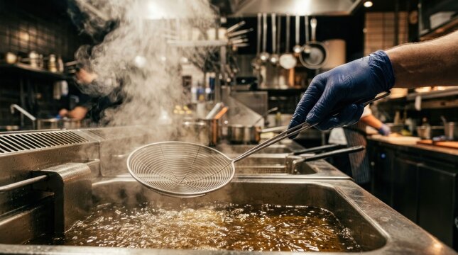Chef in Blue Gloves Frying Food in a Commercial Kitchen Deep Fryer.