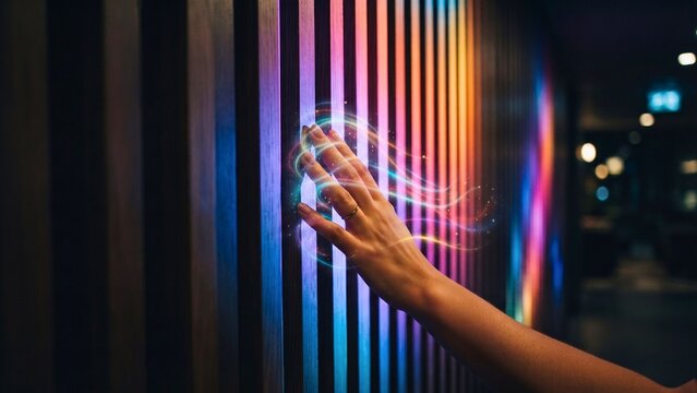 Interactive LED wall display with human hand touching colorful light panel abstract background with flowing shapes and lines