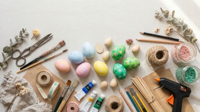 Easter Egg Crafting Supplies and Decorations Laid Out Flat.
