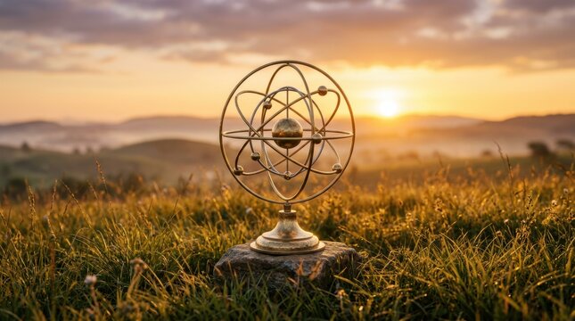 A scientific marvel, an orrery stands on a grassy hill as the sun sets, casting a warm glow over the rolling landscape