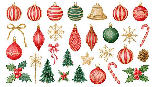 Watercolor Christmas ornaments, candy canes, stockings and festive symbols arranged as a clipart collection, holiday design, Christmas, winter celebration.