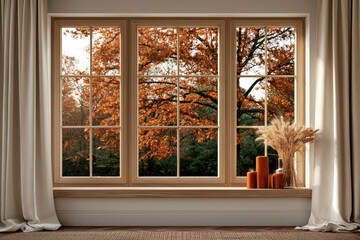 Fototapeta premium Large window autumn tree orange leaf curtain candle dried grass cozy home interior sunlight peaceful atmosphere