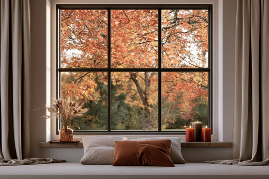 Cozy window seat autumn pillow curtain candle wheat vase tree foliage warm sunlight home interior