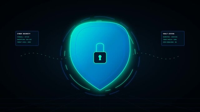 Futuristic Cyber Security Shield Interface with Digital Lock Icon for Data Protection Visualization