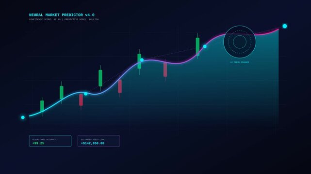 Futuristic Stock Market Candlestick Chart with AI Neural Network Data Analysis and Trend Prediction
