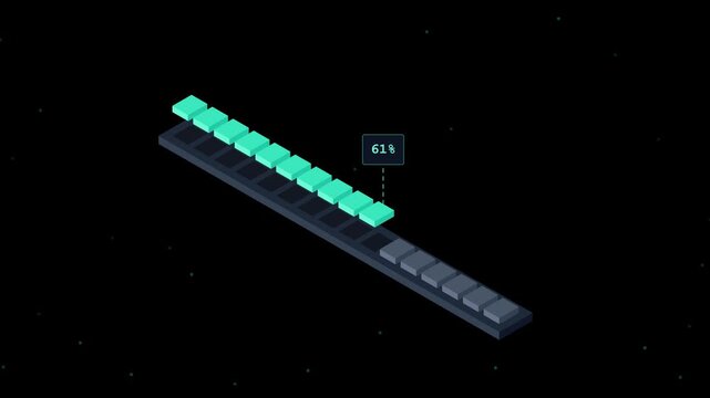 Abstract isometric loading bar with glowing teal progress blocks on a dark background.
