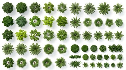 Fototapeta premium Top view plant foliage illustration set with tree shrub leaf aerial greenery landscaping garden decor