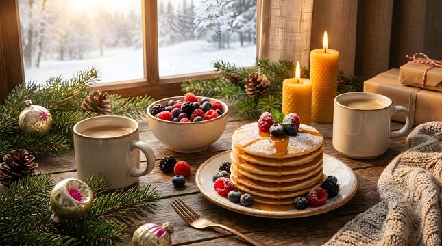 A stack of delicious pancakes with fresh berries and hot coffee on a rustic wooden table during winter