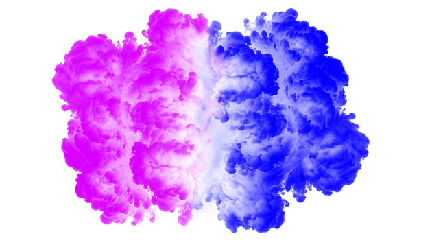 Abstract background with pink and blue ink clouds swirling in water isolated on transparent background