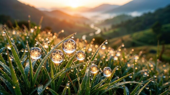 Morning dew drops on green grass reflect science symbols in peaceful india landscape with sunlight and hills creating serene natural scene