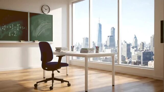 Modern classroom interior with city view featuring chalkboard and school desk in high rise building with urban skyline seen through large windows at day.