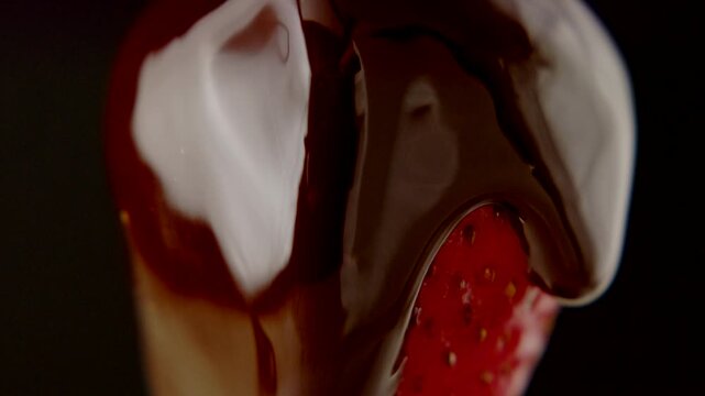 macro strawberry chocolate drip slow motion liquid cocoa delicious food lust