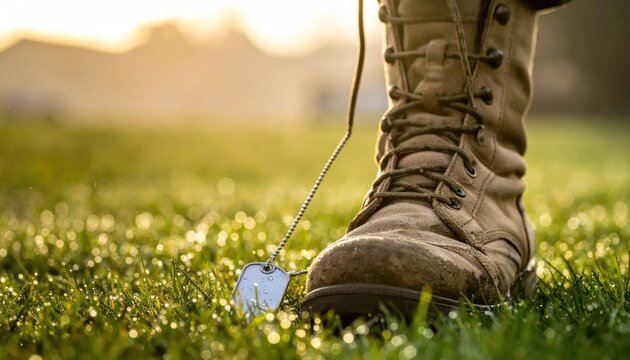 Military combat boot in green grass with dog tags.