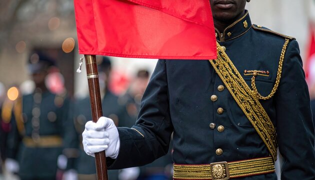 Military guard in uniform holding a red flag.