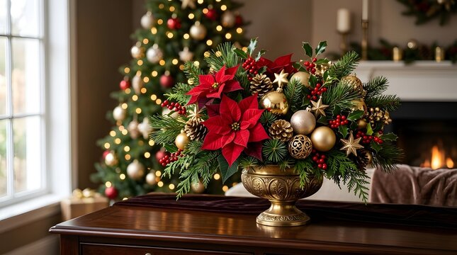Elegant christmas floral arrangement with red poinsettias and gold ornaments on a wooden table near a decorated tree