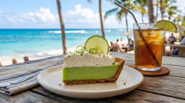 Delicious slice of key lime pie served on a plate with a refreshing iced tea on a wooden table by the beach.