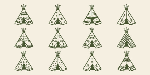 Collection of decorative hand drawn teepee tents with adventure collection decoration exploration minimalist illustration vacation lifestyle structure traditional geometric mountain © Shimul
