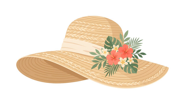 Summer straw hat decorated with red hibiscus flowers, plumeria, and tropical leaves vector illustration isolated on white background for beach vacation, sun protection, or summer holiday design.