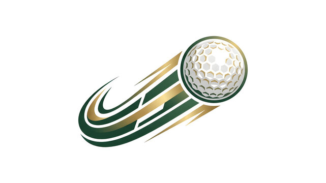 Dynamic flying golf ball logo design vector illustration with green and gold motion swoosh, golf club emblem isolated on white background for golf tournament, championship, or country club badge.