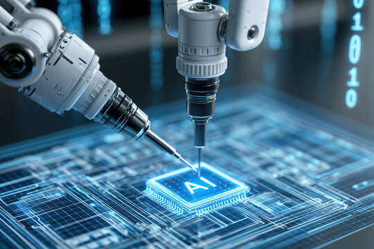 Robotic arm precision close up technology circuit artificial intelligence automation microchip machine digital robotic arm precision close up technology circuit artificial intelligence automation