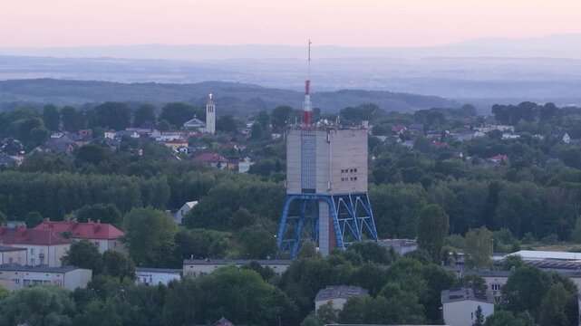 Aerial view of the historic prezydent mine shaft in chorzow, poland at sunset