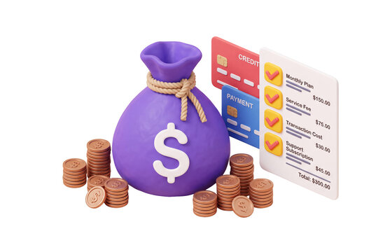 Purple money bag with coin stacks and billing statement with subscription on transparent background