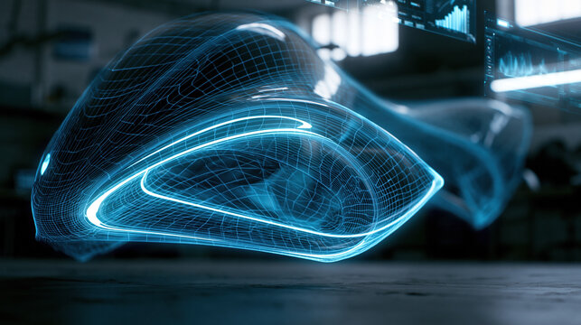 Futuristic aircraft hologram vertical takeoff landing blue wireframe technology concept glowing digital air taxi design in dark hangar with high fidelity transport innovation