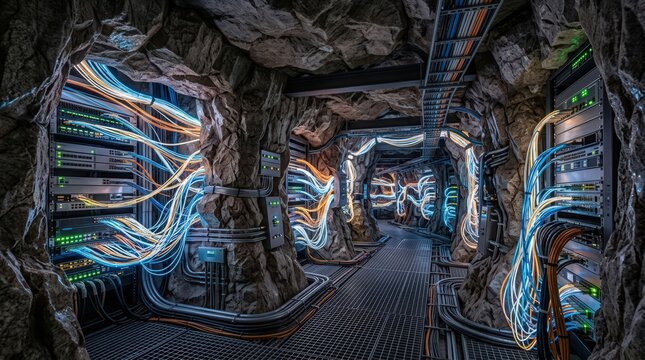Futuristic SciFi Corridor with Glowing Wires and Advanced Technology