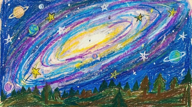 Colorful hand drawn crayon illustration of purple pink swirling galaxy in space, children's book style cosmic astronomy artwork design art