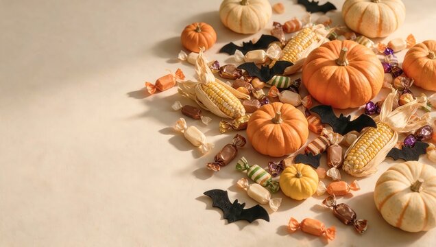 Warm light bathes festive Halloween decorations. Oranges, pumpkins, and candy scatter across the scene. Black bats add spooky charm to the composition
