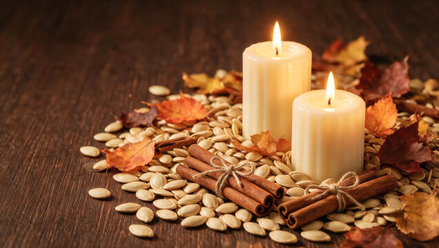 Warm candles glow beside autumn leaves. Pumpkin seeds and cinnamon sticks rest on rustic wood. Soft light enhances cozy, seasonal atmosphere. Ideal for fall-themed decor or relaxation scenes