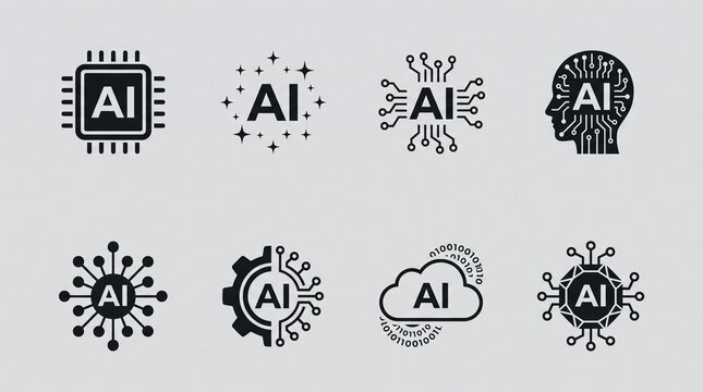 Artificial intelligence icon set vector illustration featuring black modern AI technology chip brain head cloud circuit logos isolated on grey background.