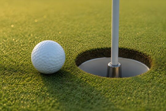 Golf ball beside hole and flagstick on sunlit green close up