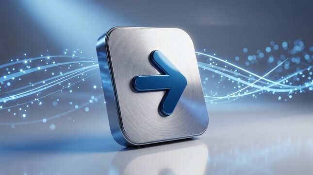 Abstract metallic square button with blue forward arrow and light streaks
