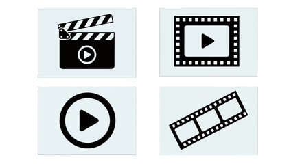 Fototapeta premium Set of four video and film icons illustrating clapperboard, play buttons, and filmstrip for media graphics.