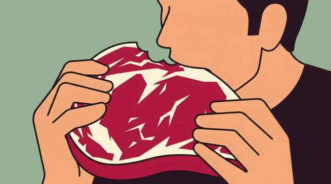 Man Eating Large Raw Steak Illustration Carnivore Diet Concept